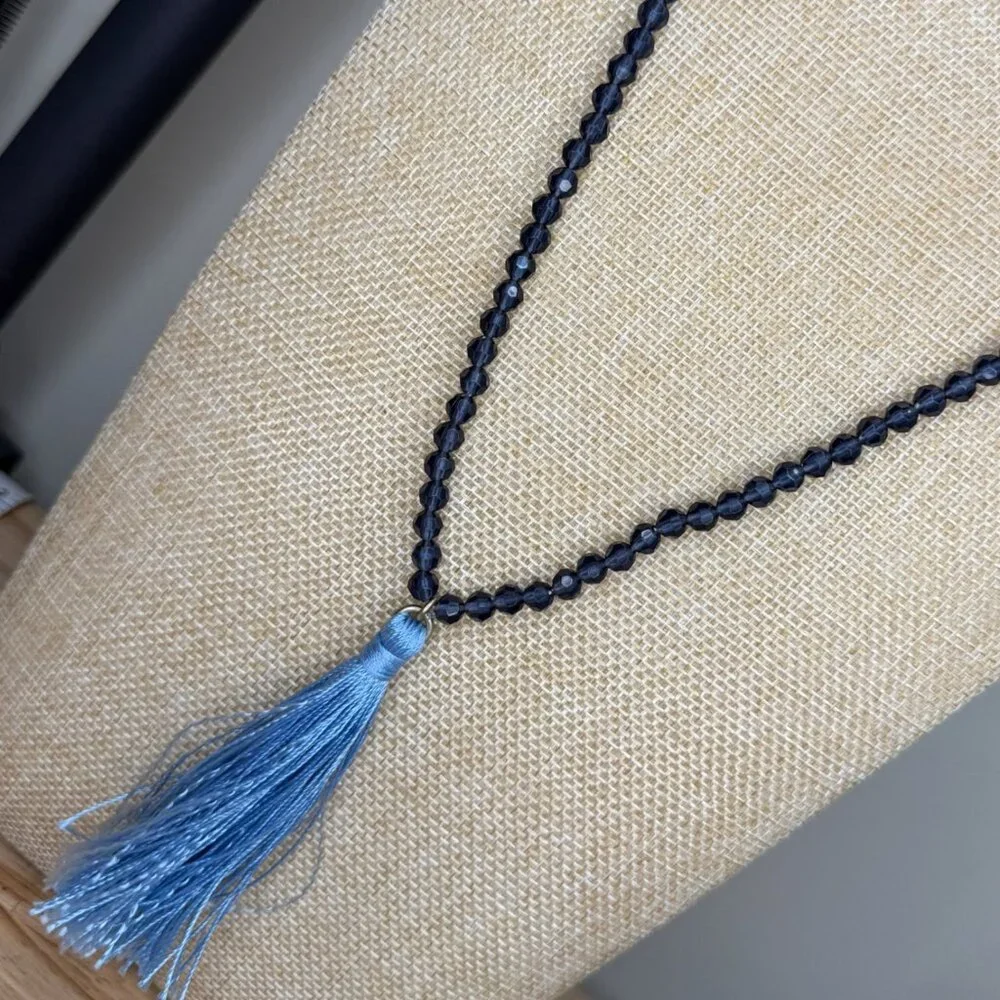 J.Crew Navy Blue Beaded Necklace With Light Blue Tassel Pendant 18